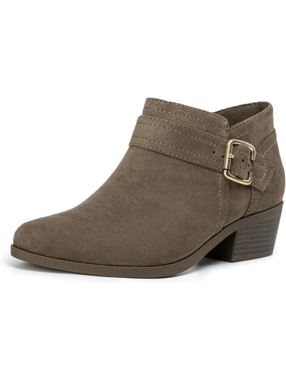 Women's Taupe Suede Pointed Toe Chunky Low Heel Side Zipper Short Ankle Boots